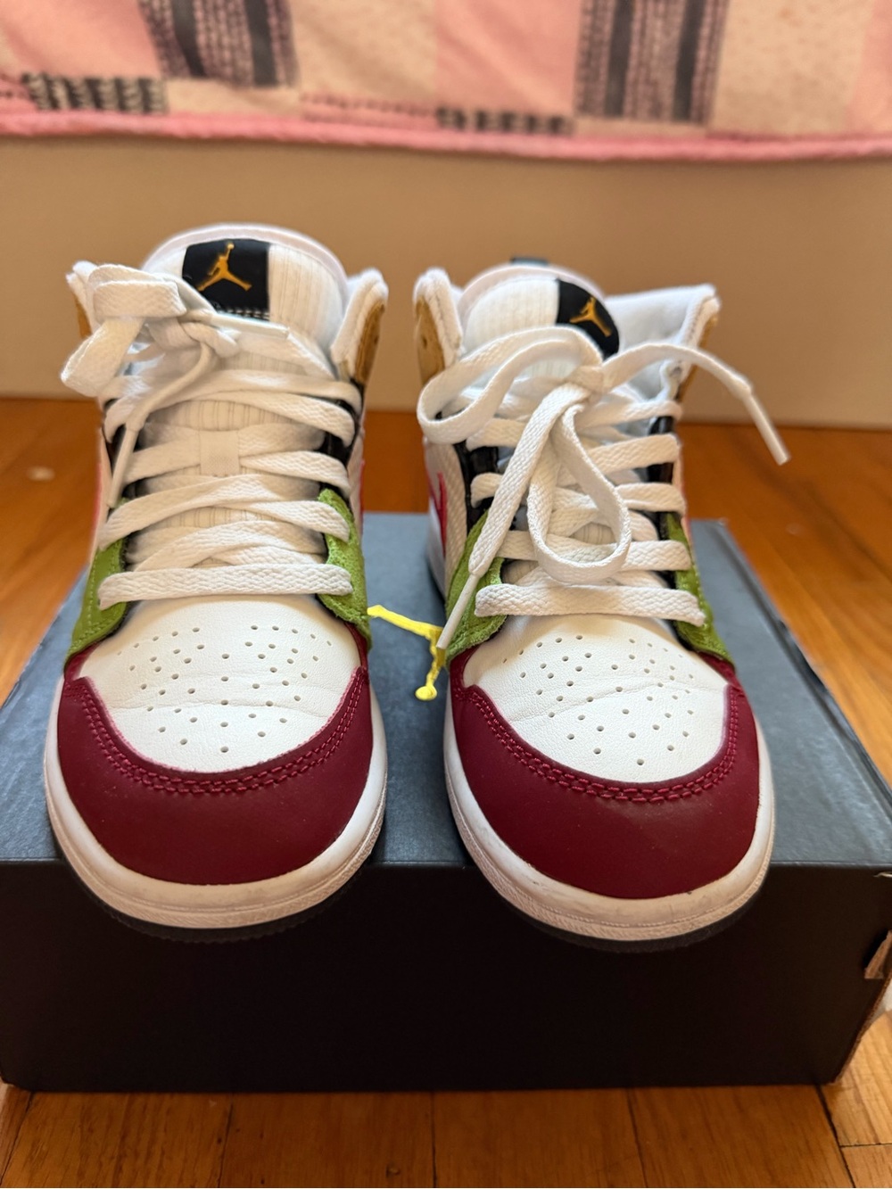 Jordan Kids High-Top Sneakers in White, Burgundy & Green